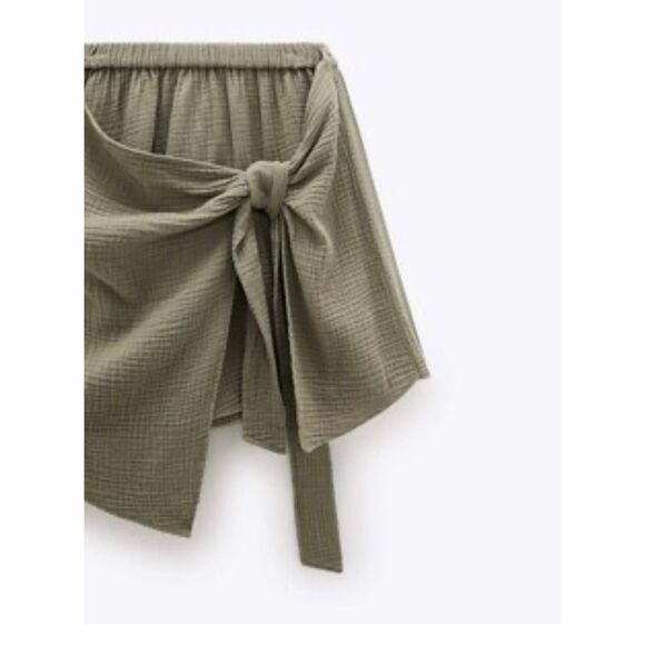 Zara EUC Wrap Up Knotted ButterySoft Material Olive Khaki Green Mini Skirt XS - Picture 8 of 12